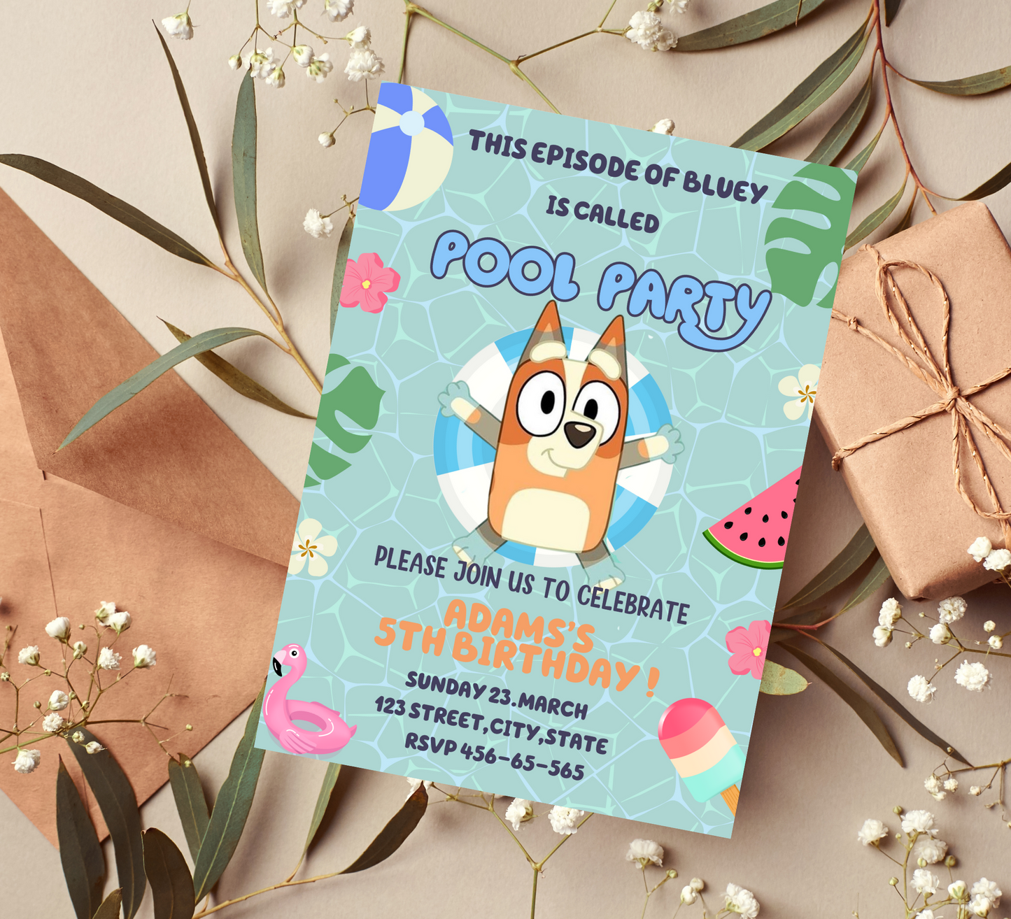 Bluey Pool Birthday Bash: Bluey & Bingo Puppy Invitation for a Splash-tastic Celebration!