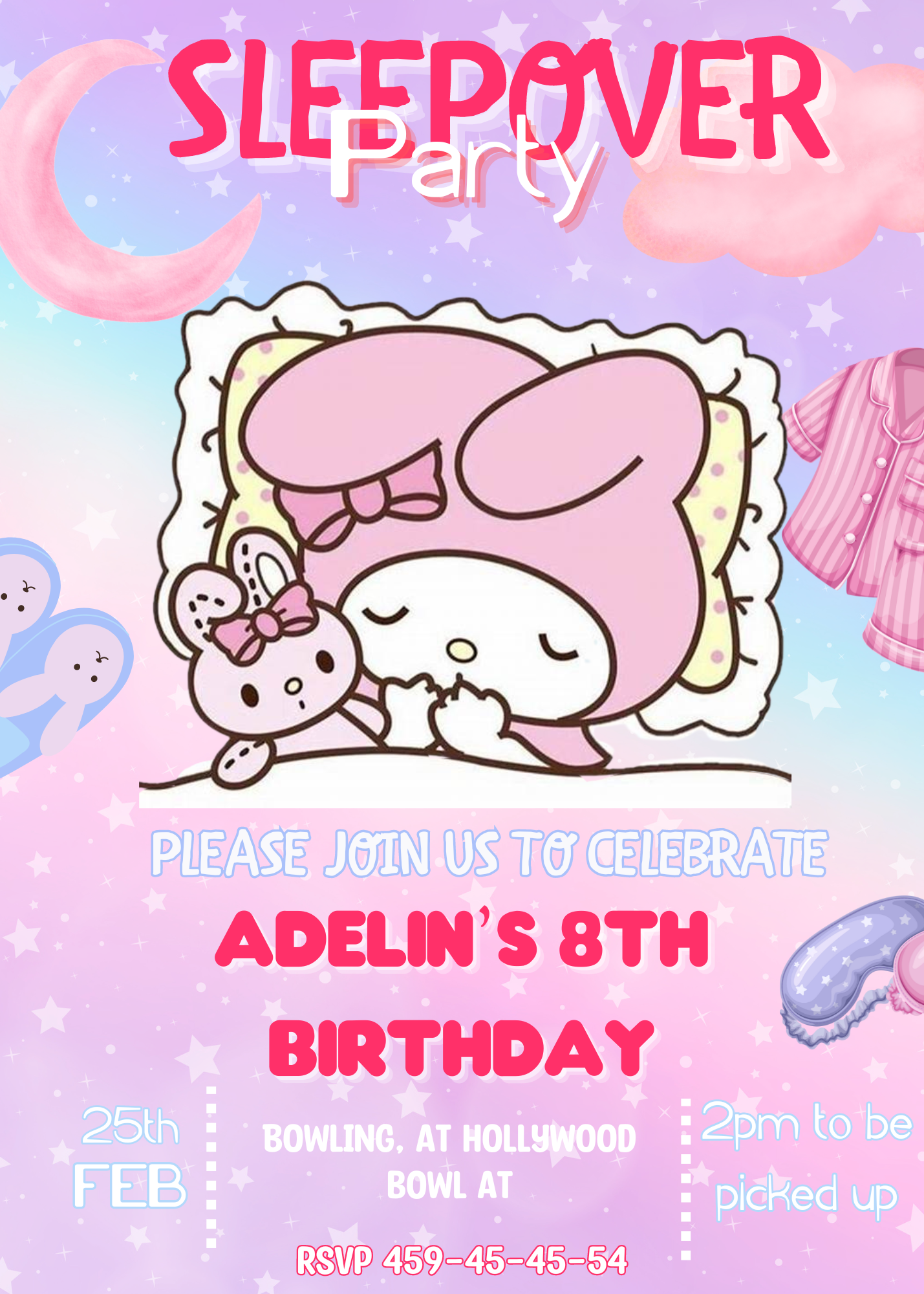 "My Melody Kawaii Sleepover Birthday Invitation - Pink and White Bunny Theme - Editable Digital Download"