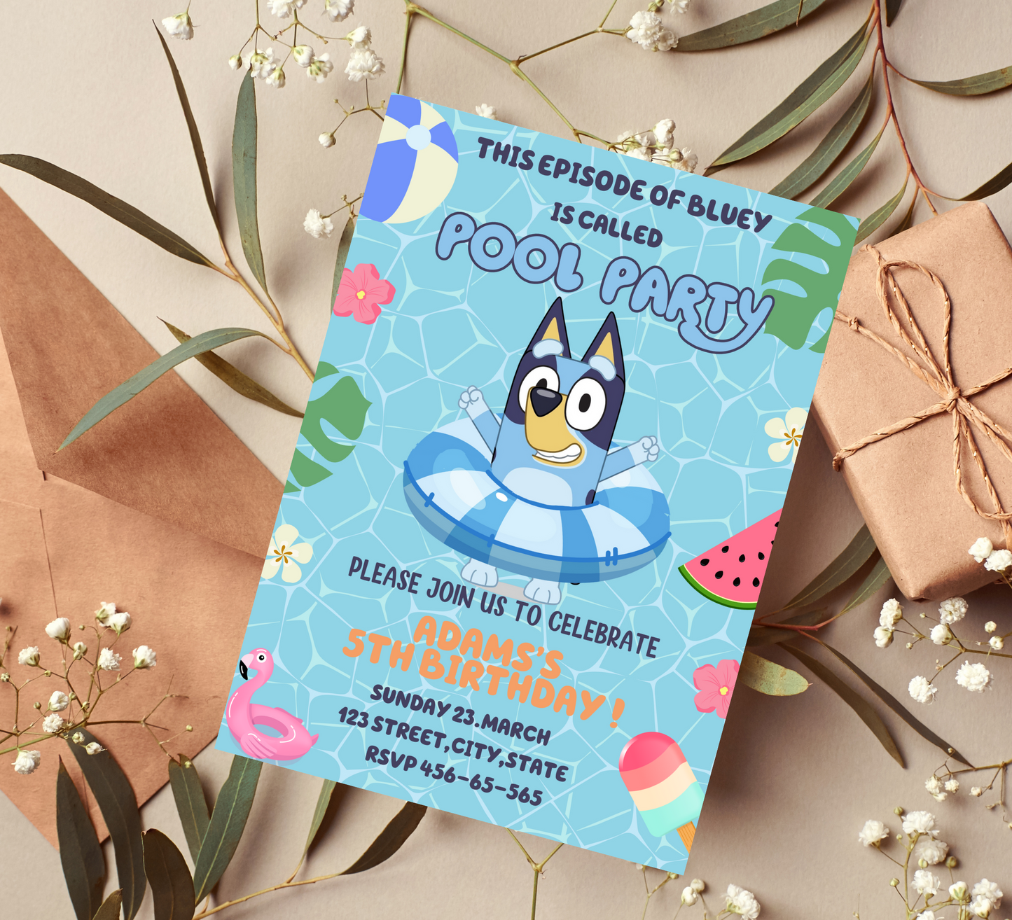 Bluey Birthday Invitation, Bluey & Bingo Birthday Invite, Bluey pool party, Kids Birthday Invite, pool party, Digital Bluey Template