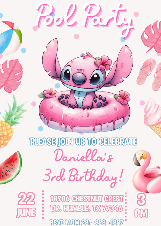 Stitch and Angel Watercolor Birthday Pool Invitation | Kawaii Pool Party Invite | Customizable Digital Download"