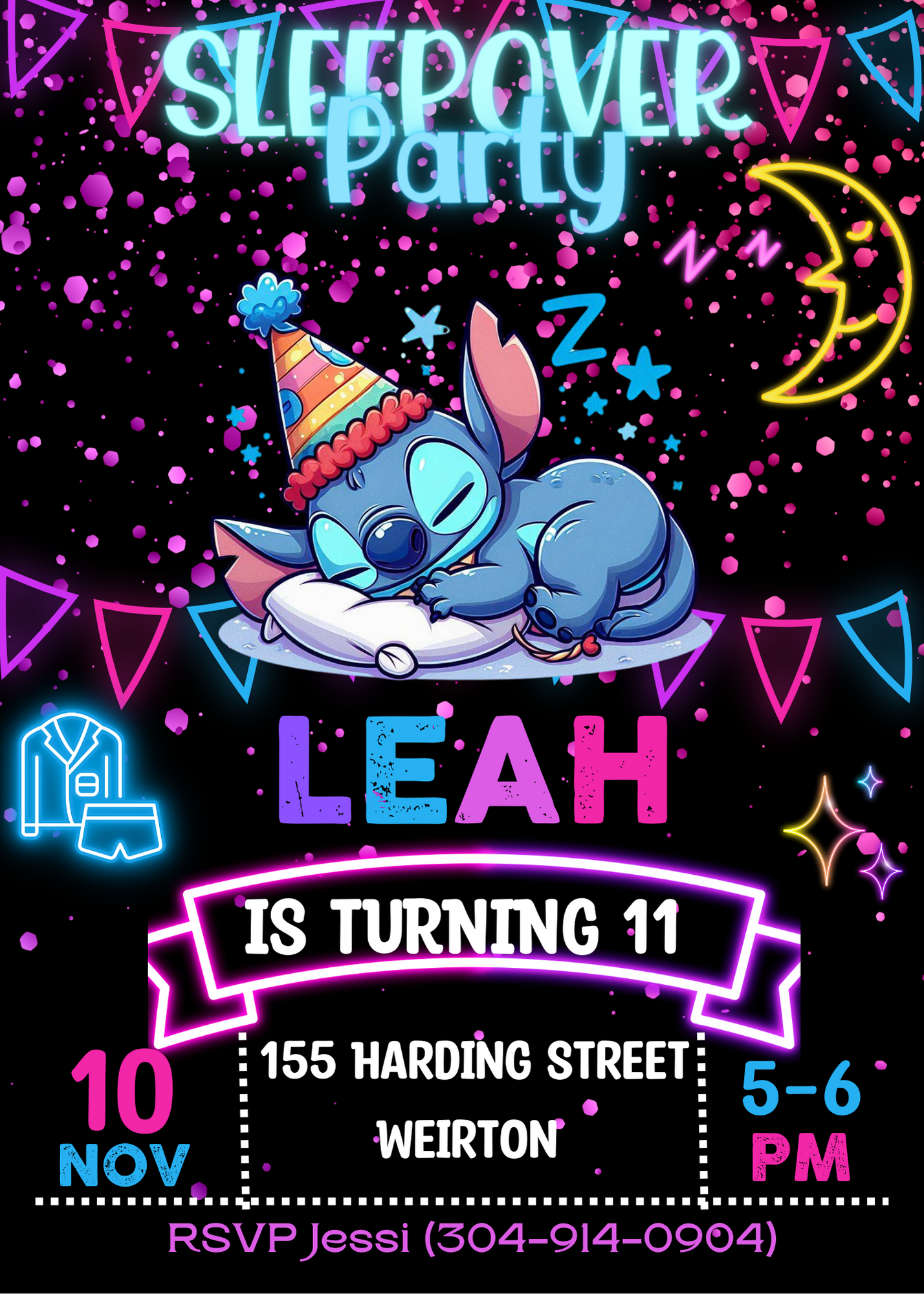 Stitch Sleepover Neon Birthday Invitation | Lilo and Stitch Party Invite | Editable Digital Download | Vibrant and Fun Sleepover Theme