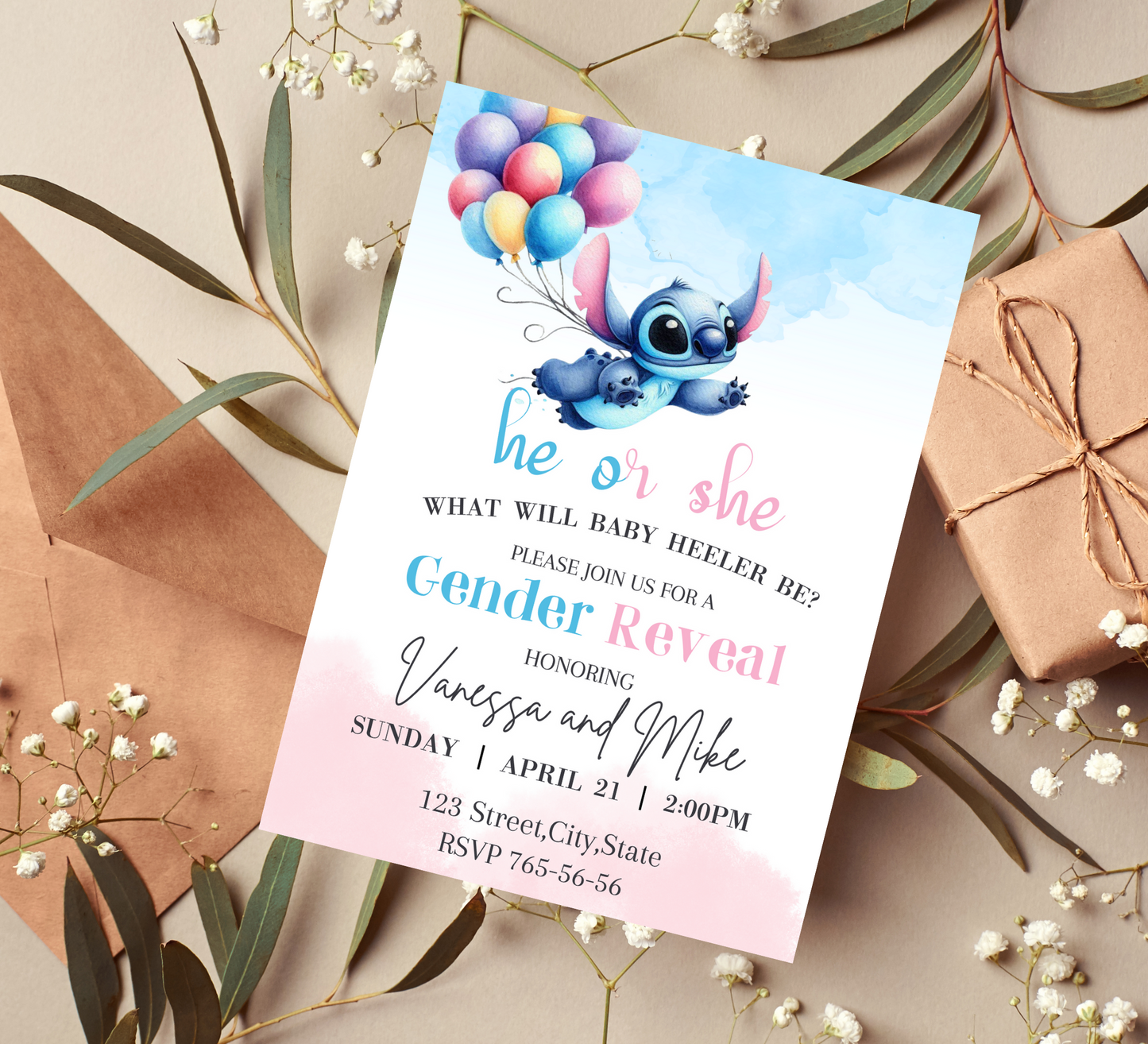 Stitch Watercolor Gender Reveal Invitation | Tropical Ohana Theme