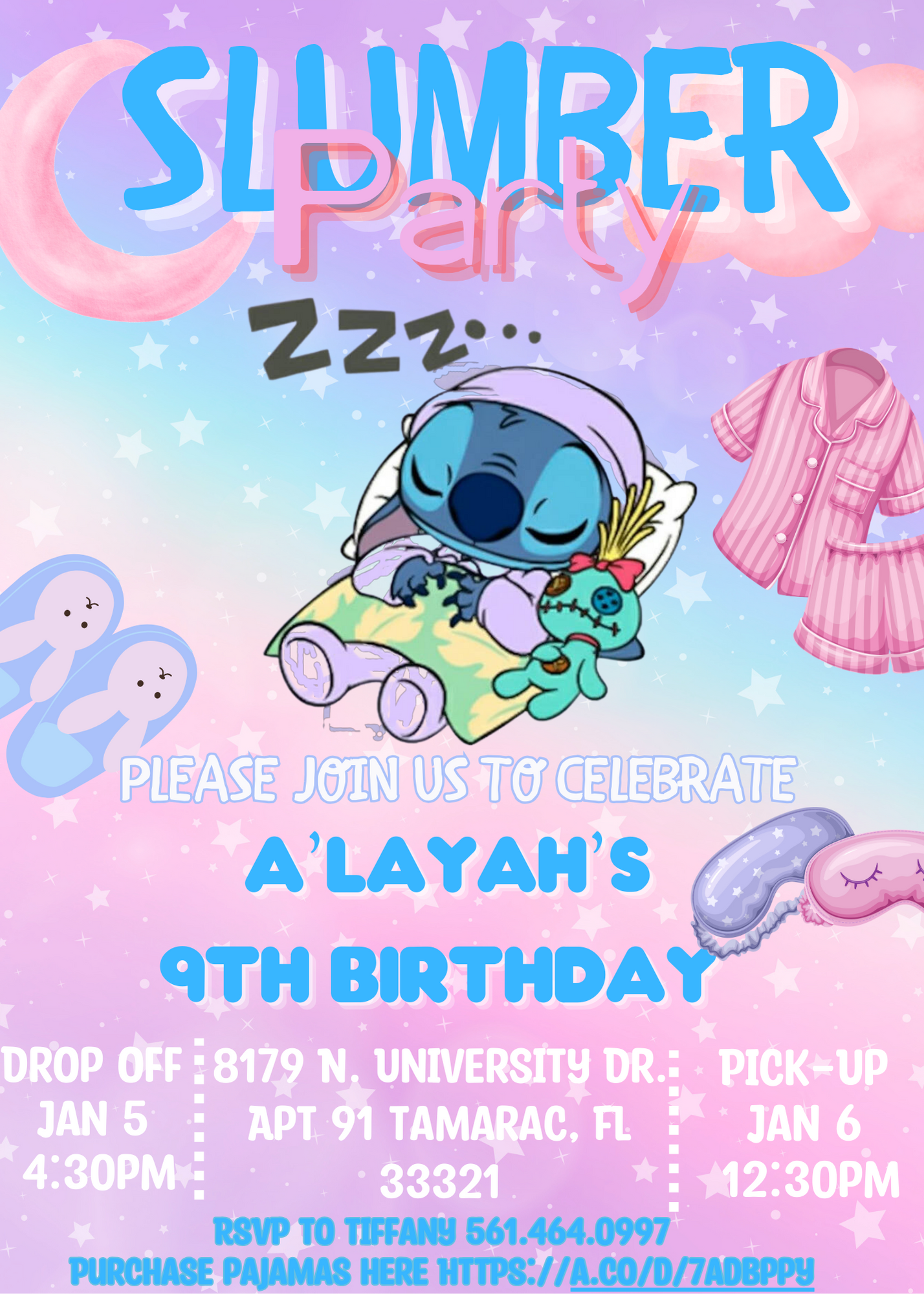 Stitch Slumber & Lilo Birthday Invitation | Tropical Hawaiian Sleepover Party