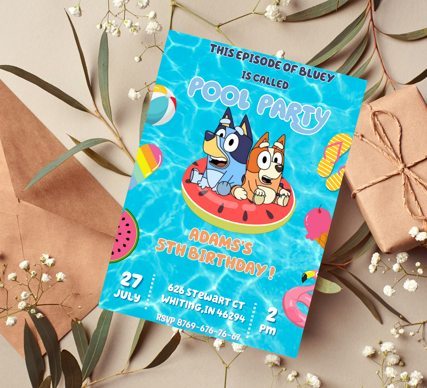 Bluey Pool Birthday Invitation | Bluey and Bingo Splash Party | Kids Pool Party Invite