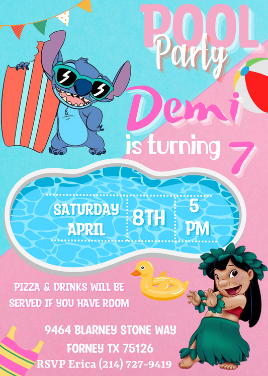 Stitch and Lilo Pool Birthday Invitation | Tropical Celebration by the Water for an Unforgettable Party