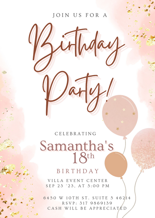 Chic Rose Gold Balloon Birthday Invitation: Elegant Celebration with Sparkling Accents