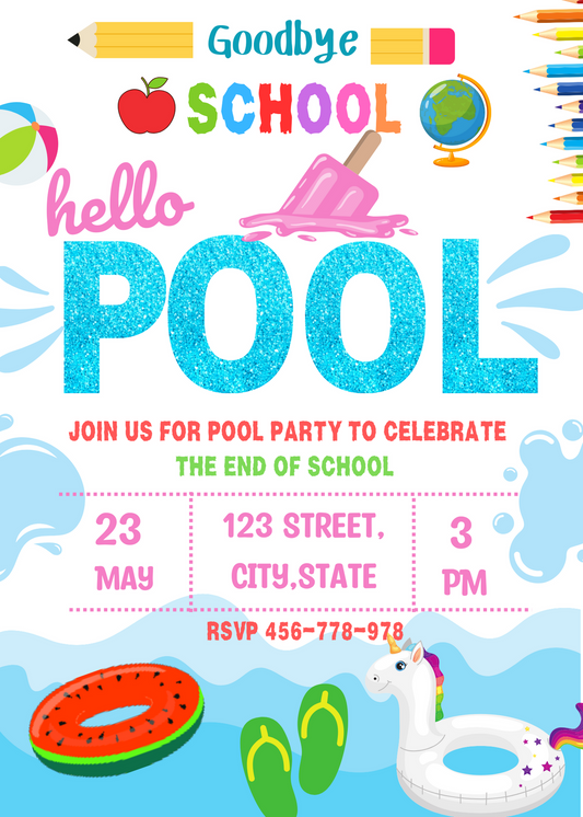 End of School Party Invitation, Hello Summer, School’s Out, Sun, Bounce, Water Slide DIGITAL Printable EDITABLE Invite 5” x 7” Edit Today!