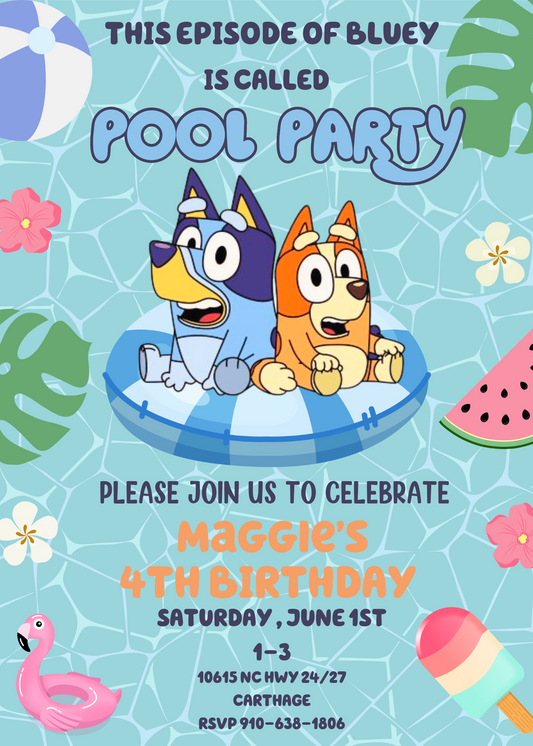 Bluey Bingo Pool Birthday Invitation - Customizable Kids Party Invite