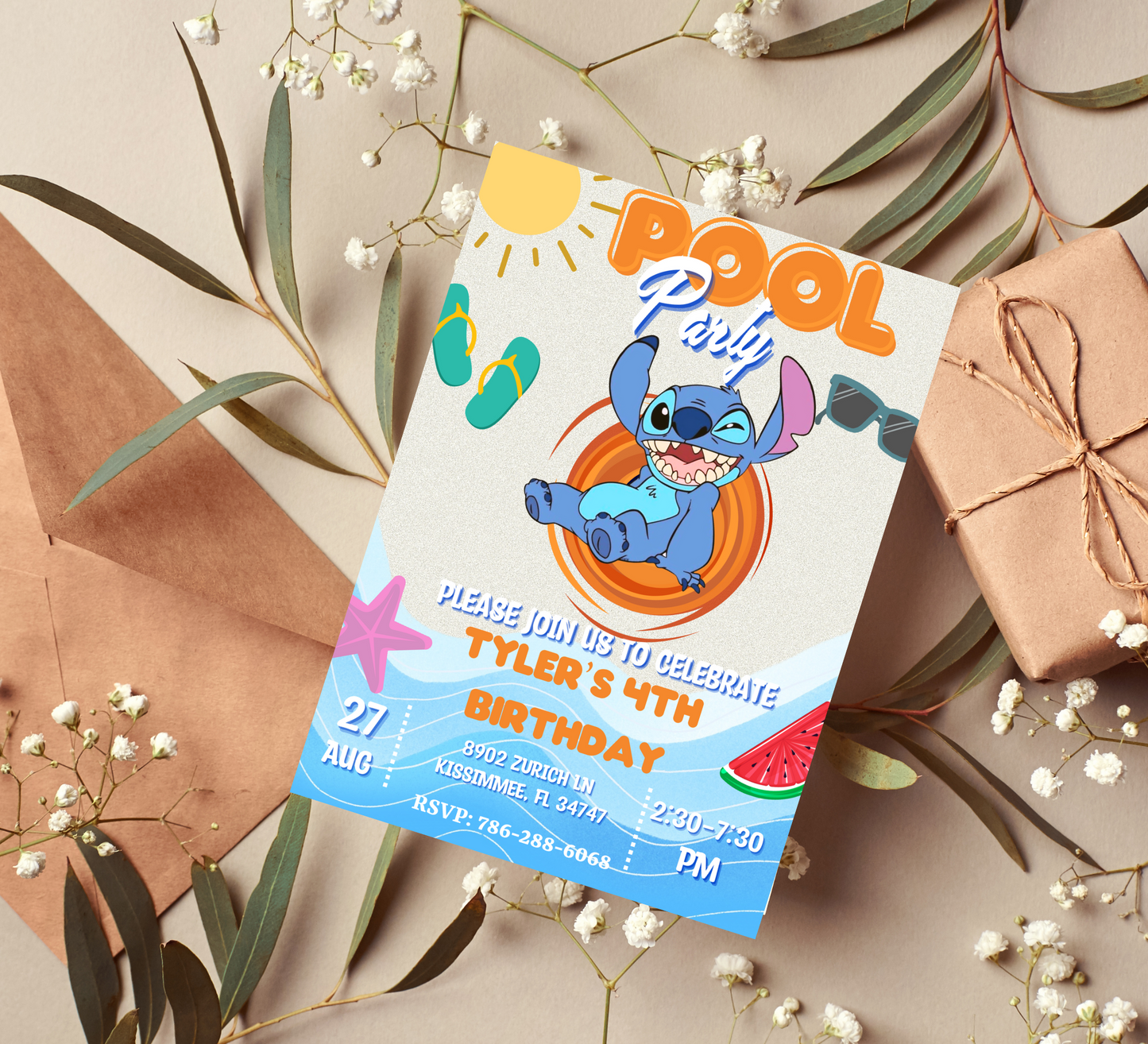 Stitch Pool Birthday Invitation | Orange Splash Theme