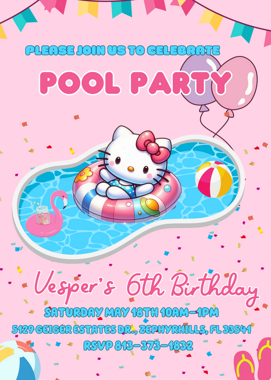 Hello Kitty Pink Pool Birthday Invitation - Kawaii Splash Party Invite