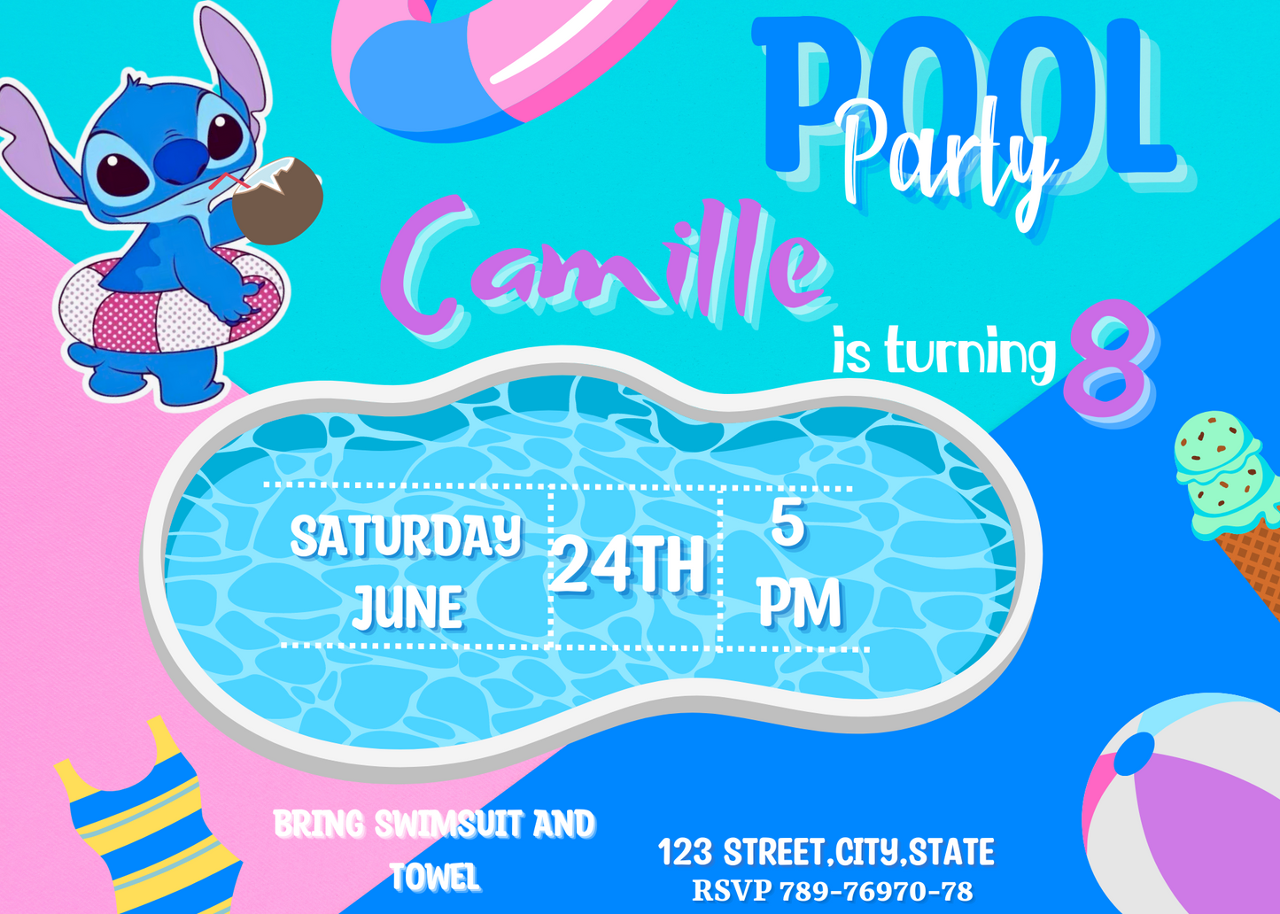 Stitch Pool Birthday Splash Party Invitation | Lilo & Stitch Birthday Bash Celebration