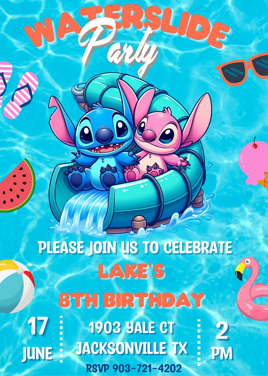 Stitch and Angel Waterslide Pool Birthday Party Invitation - Customizable Digital Download