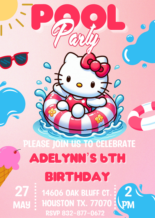 Hello Kitty Pool Birthday Invitation & Gradient Pink Thank You Card Set | Kawaii Celebration Duo