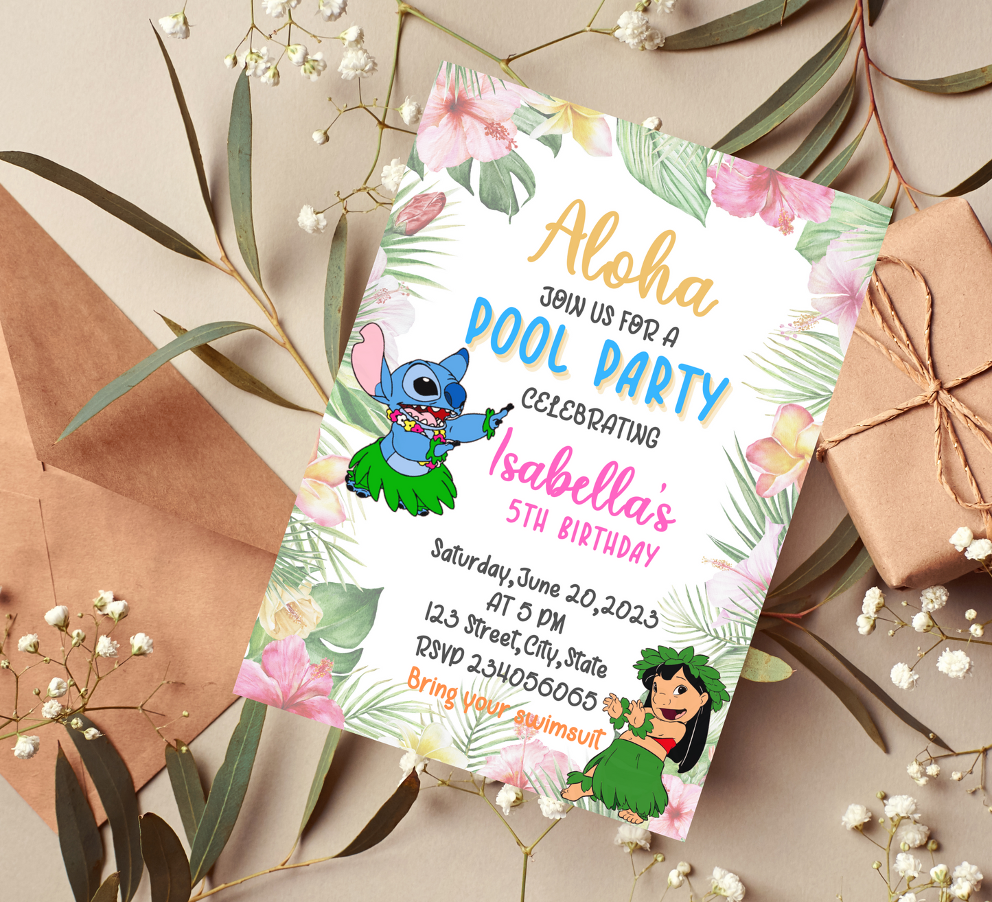 Aloha Stitch & Lilo Pool Party Birthday Invitation: Hawaiian Tropical Celebration with Stitch, Lilo, and Friends Under the Sun