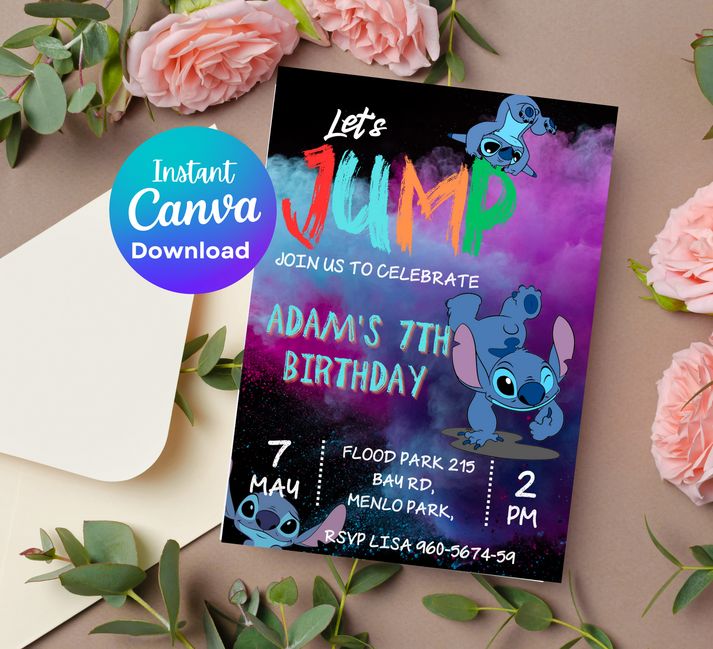 "Stitch Jump Birthday Invitation and Thank You Card Set - Adventure with Stitch Theme