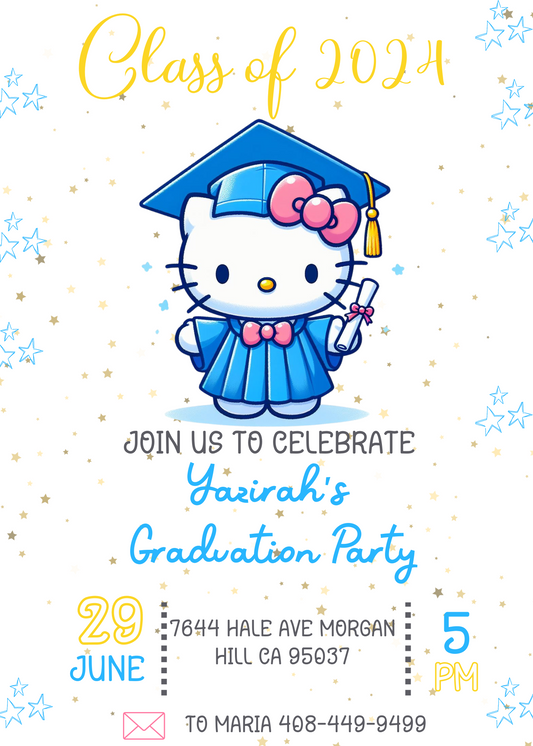 Hello Kitty Blue Graduation Party Invitation - Kawaii Celebration Invite - Customizable Digital Printable