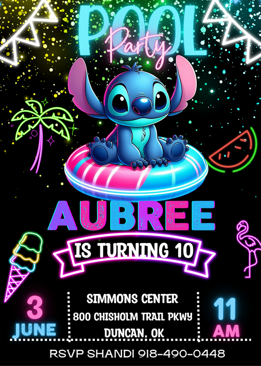 Stitch Neon Pool Birthday Invitation: Dive into Fun with Stitch in a Vibrant Poolside Celebration Under the Stars