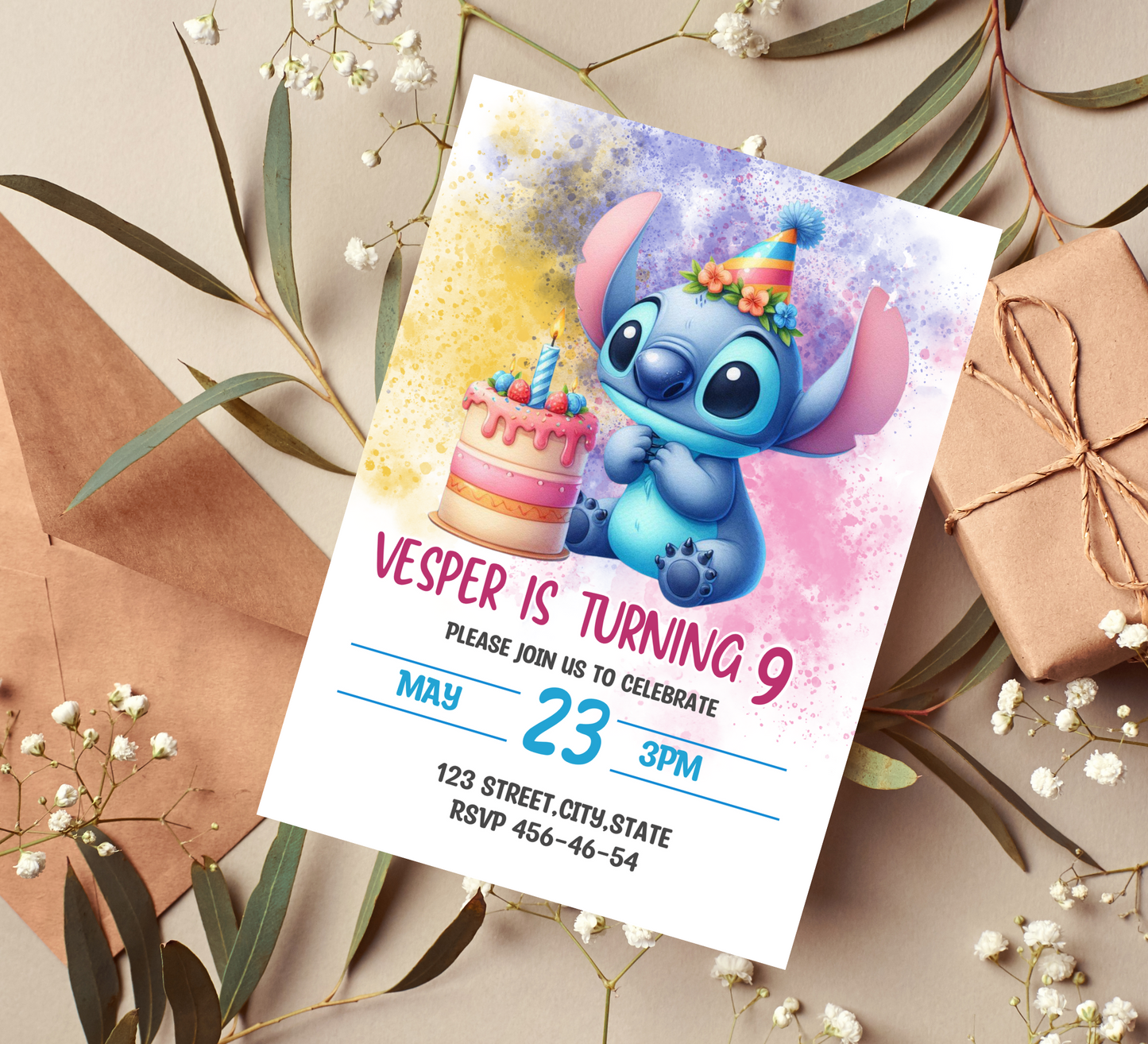 Editable Watercolour Stitch Birthday Invitation and Favor Tag Template, Canva Editable Birthday Invitation, Lilo Stitch Angel Birthday Party Invitation