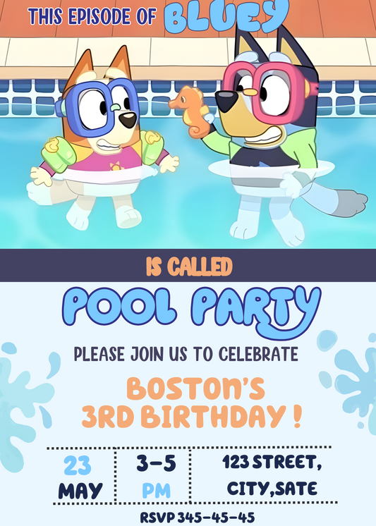 Bluey and Bingo Pool Birthday Invitation - Customizable Pool Party Invite - Kids Birthday Celebration"