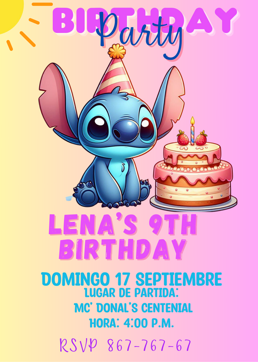 Stitch Birthday Invitation in Vibrant Purple and Yellow Theme