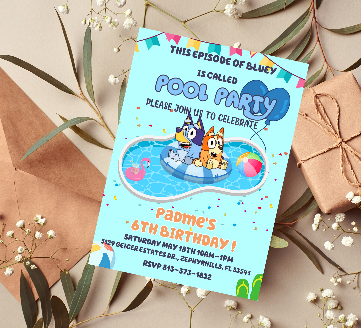 Bluey & Bingo Pool Party Birthday Invitation | Customizable Kids Invite