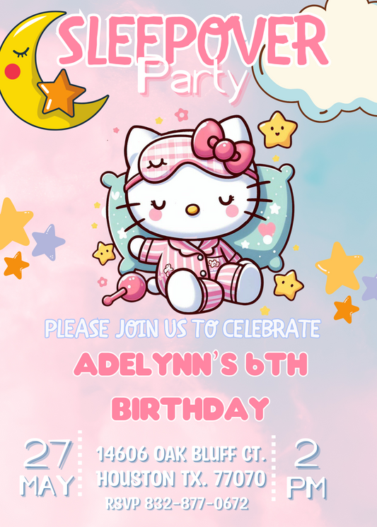 Hello Kitty Kawaii Slumber Party Birthday Invitation | Cute Sleepover Theme for Kids | Printable Invite