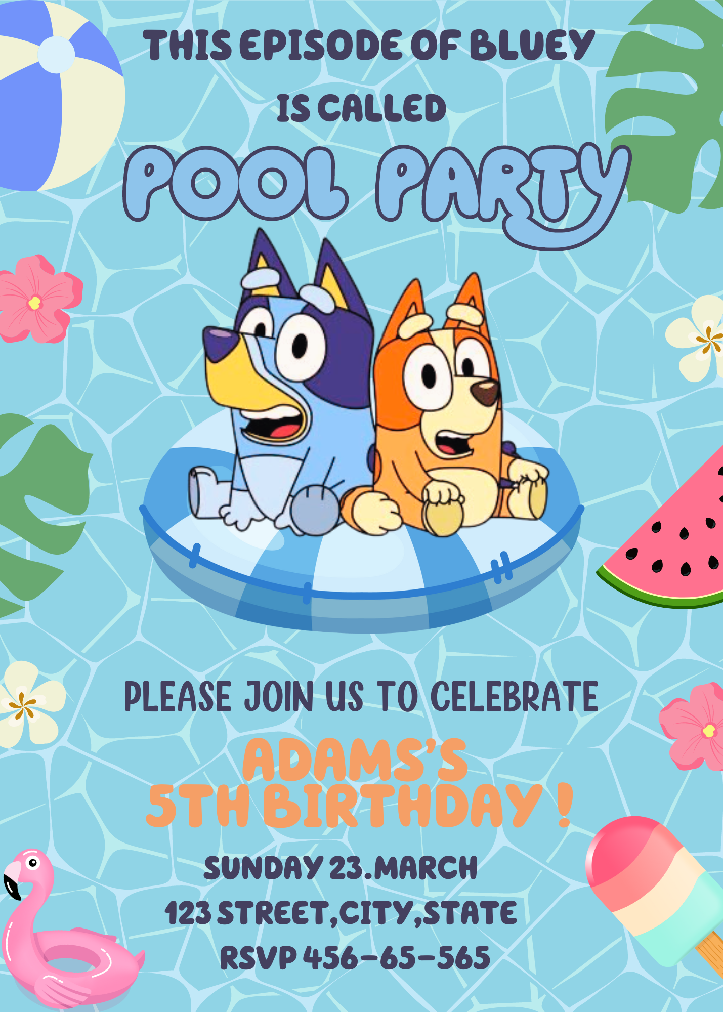 Bluey and Bingo Pool Party Birthday Invitation in Two Colors - Customizable Kids Invite