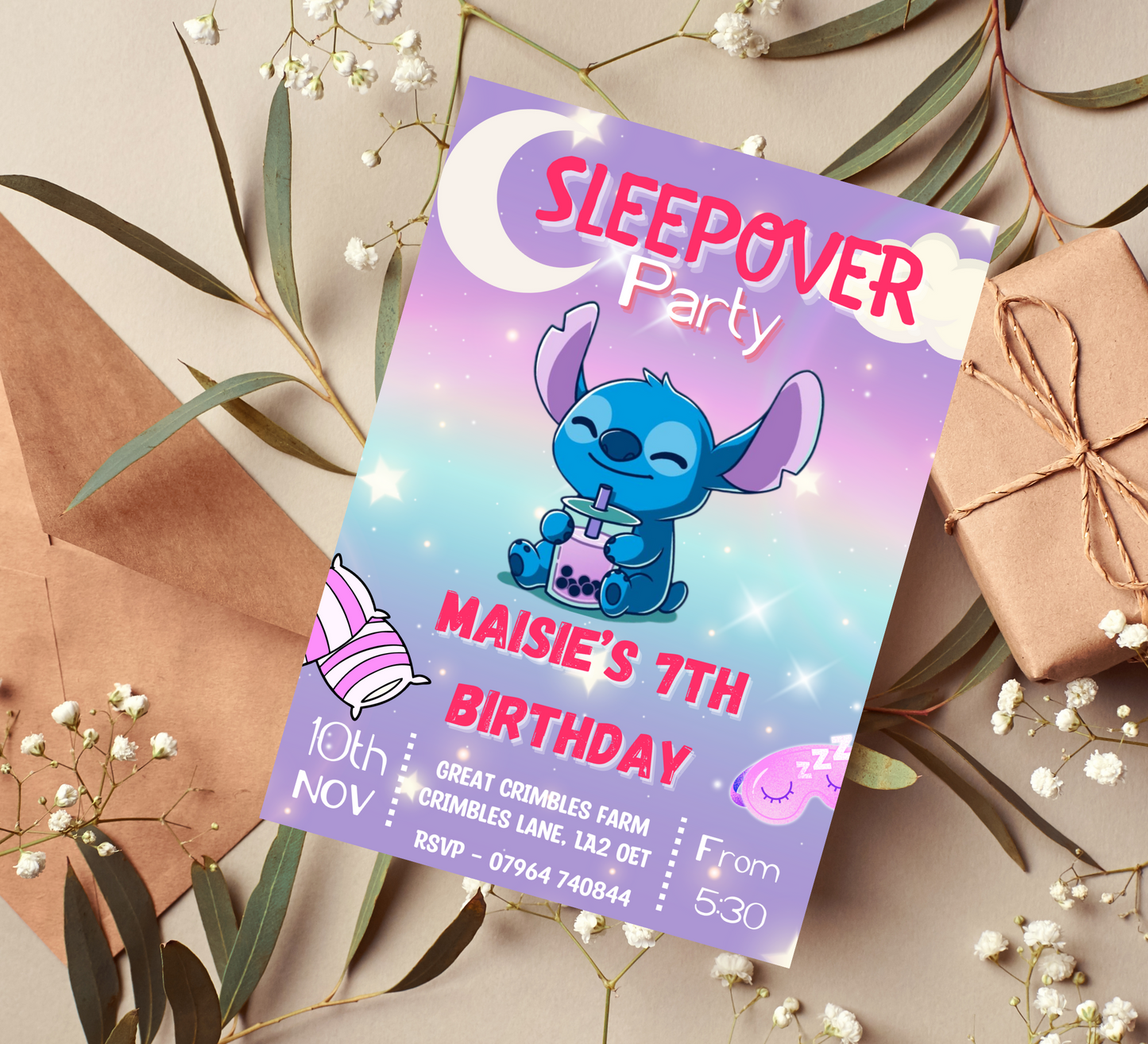 Stitch Sleepover Birthday Invitation | Bubble Tea Theme