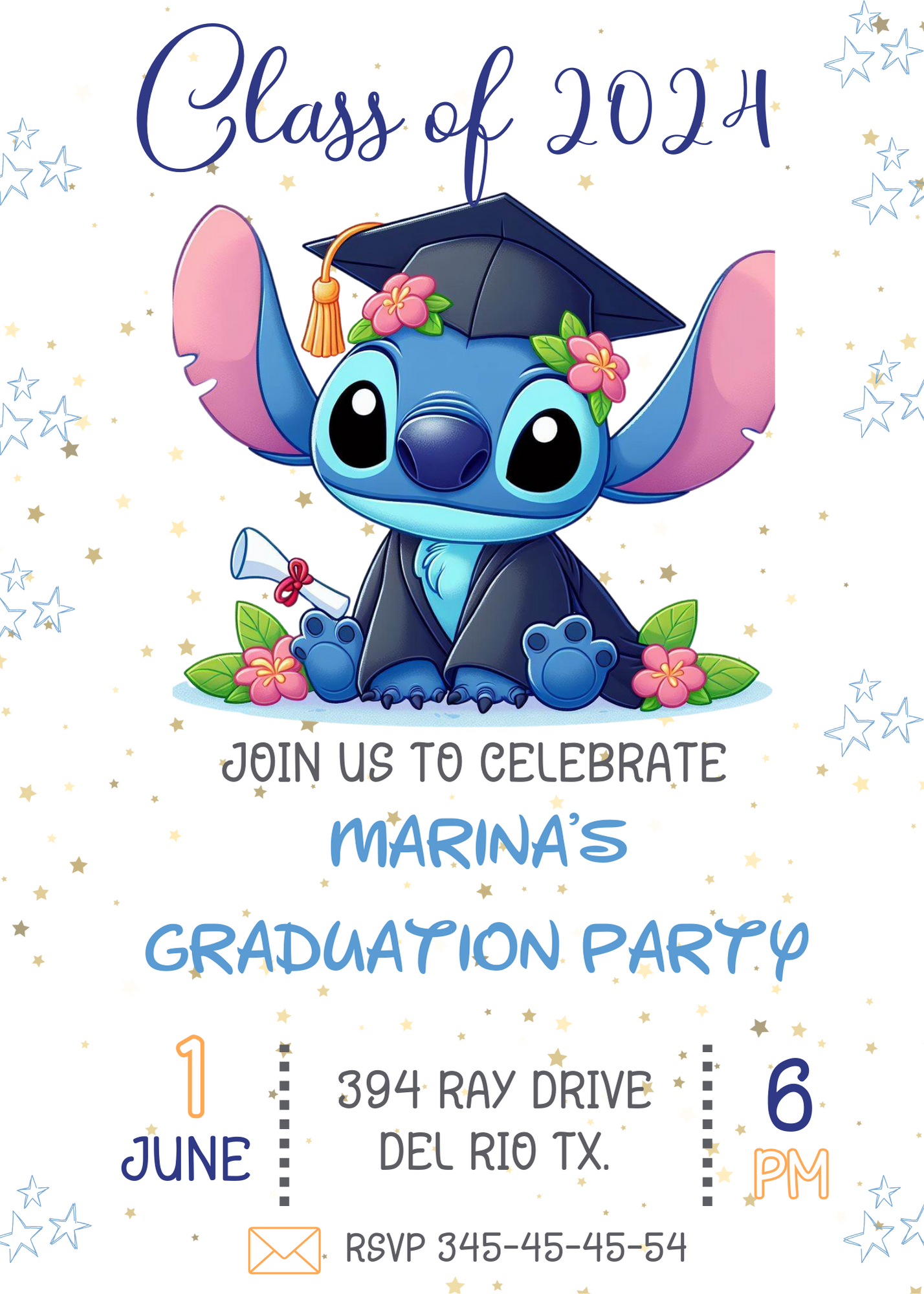 Stitch Graduation Celebration Invitation: Ohana's Grad Party - Customizable Hawaiian Theme