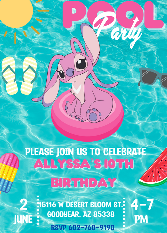 Stitch Angel Birthday Pool Invitation | Ohana Tropical Party | Lilo and Stitch Theme