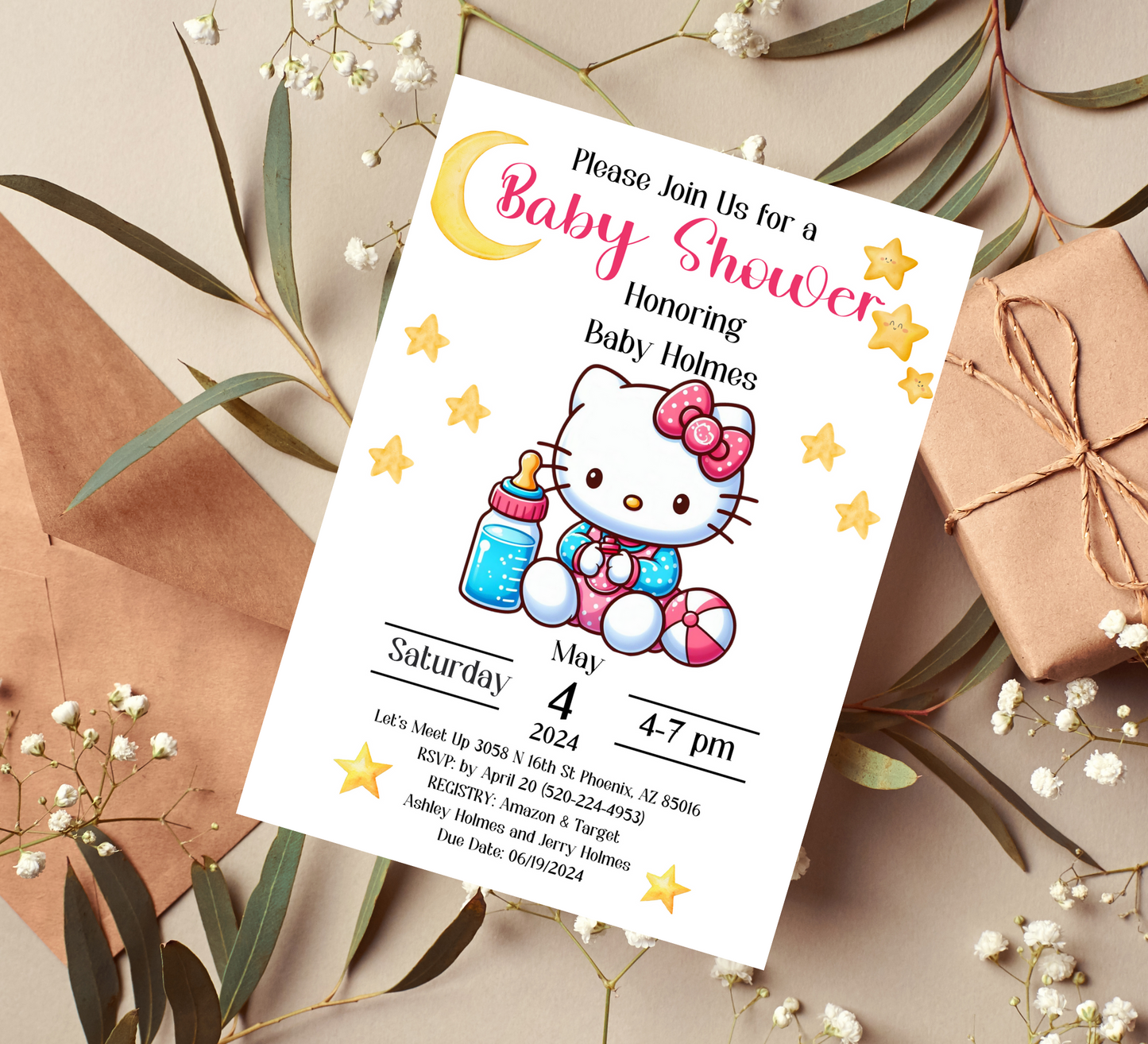 Adorable Hello Kitty Baby Shower Invite | Customizable Canva Template | Pink Kitty Theme Celebration Invitation"