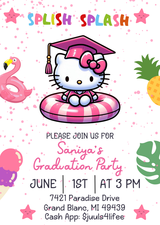 Hello Kitty Pink Pool Graduation Party Invitation - Kawaii Celebration - Customizable Digital Invite"