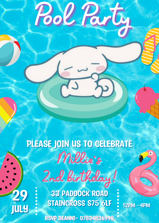 Cinnamoroll Party Invitation for Girls, Hell Kitty and Friends Invite, Canva editable birthday Template, Cinnamon Roll Kuroni Kawaii Party