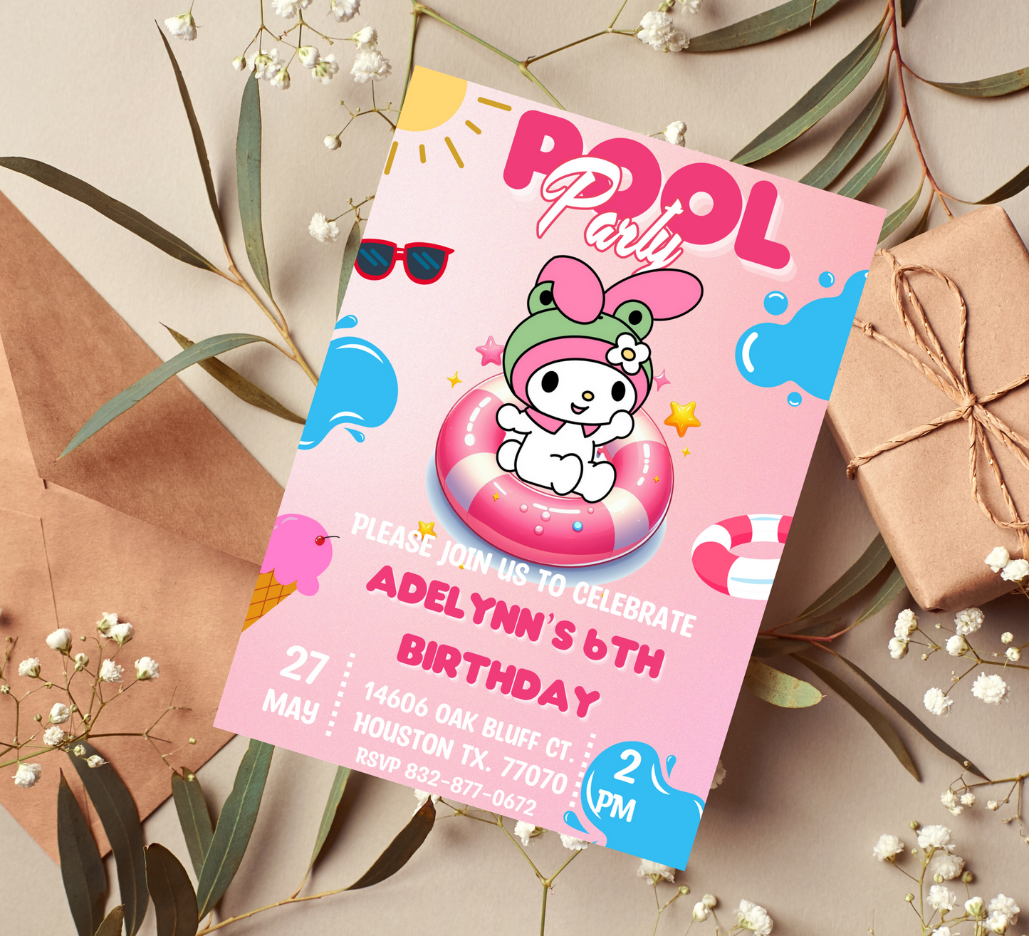 Editable Kawaii Character Pool Birthday Invitation Card | Hello Kitty, My Melody, Sanrio Invite