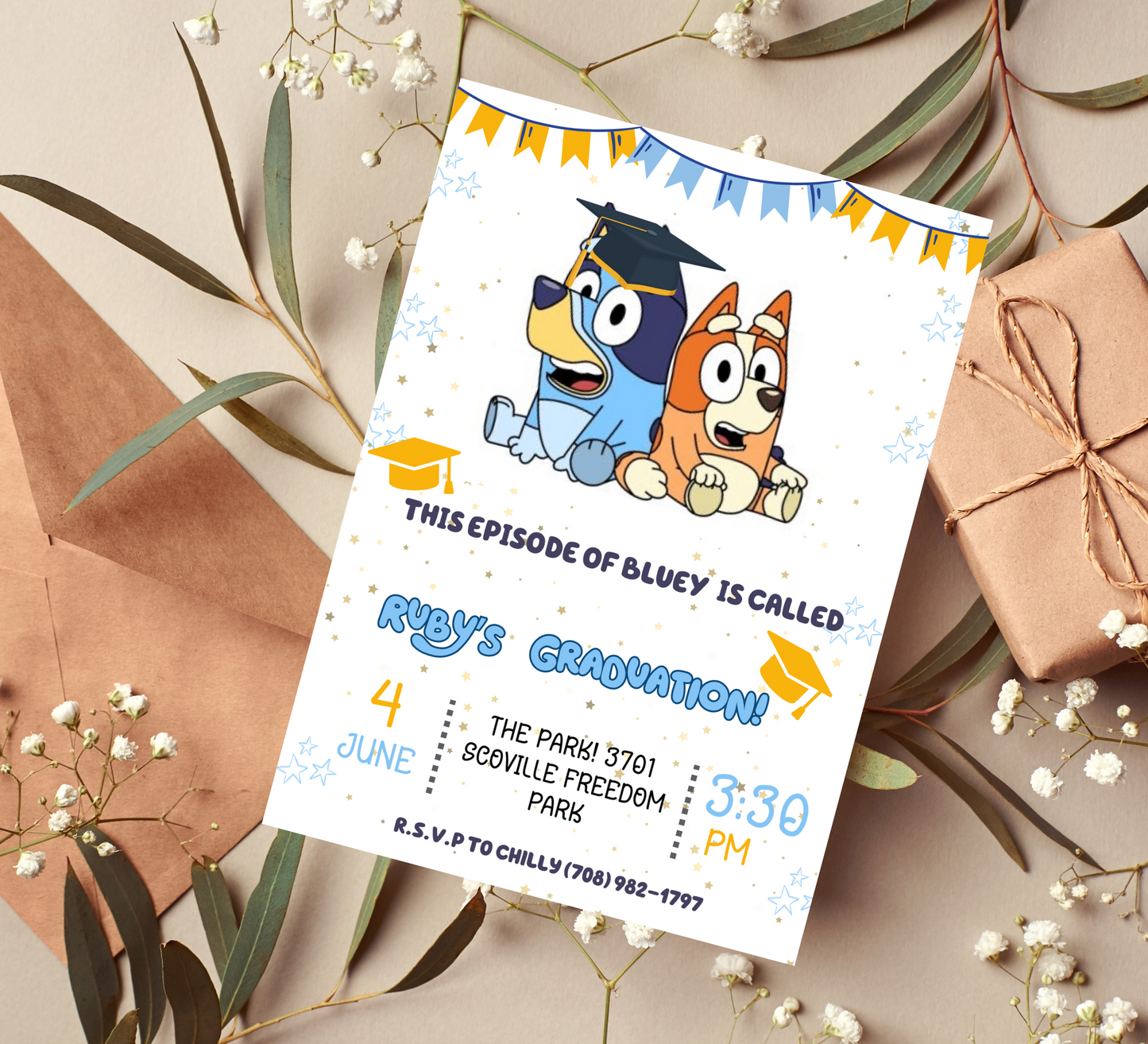 Bluey Bingo Graduation Celebration Invitation: Customize Your Grad Party