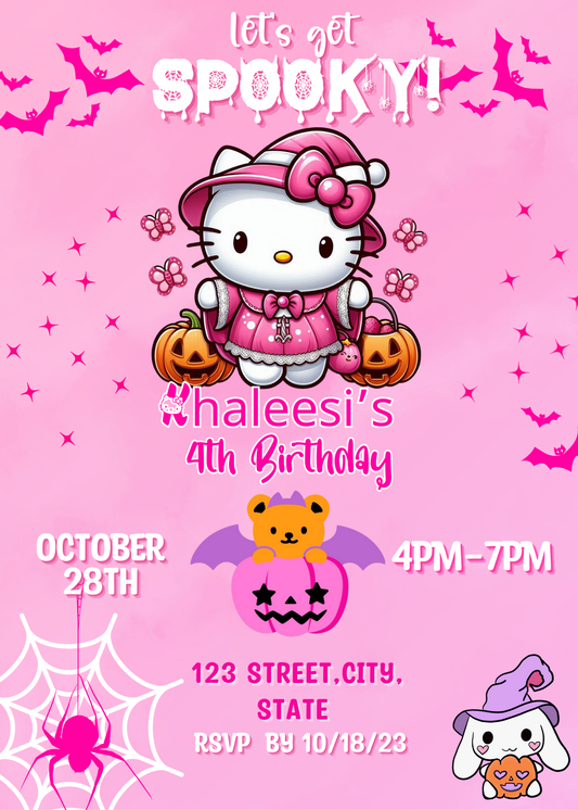 Hello Kitty Pink Halloween Birthday Invitation - Customizable Digital Party Invite for Girls