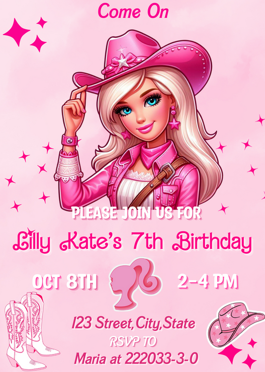 Barbie Cowgirl Pink Birthday Invitation: Western Theme Party Invite for Girls - Editable Template