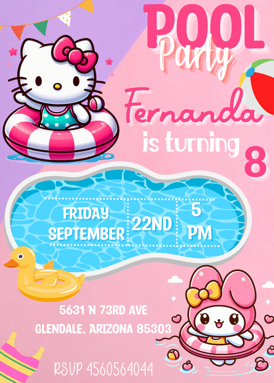 Hello Kitty & My Melody Pool Birthday Invitation: Kawaii Splash Splish Invite