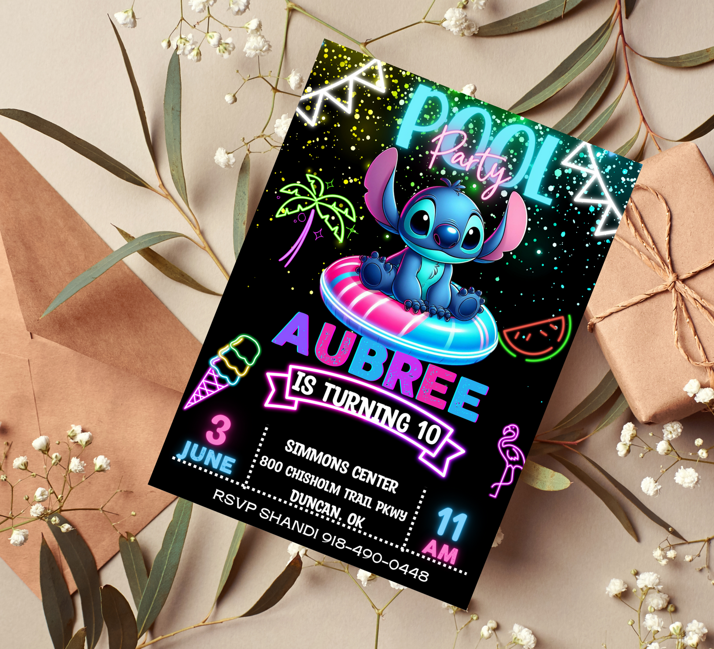 Stitch Neon Pool Birthday Invitation: Dive into Fun with Stitch in a Vibrant Poolside Celebration Under the Stars