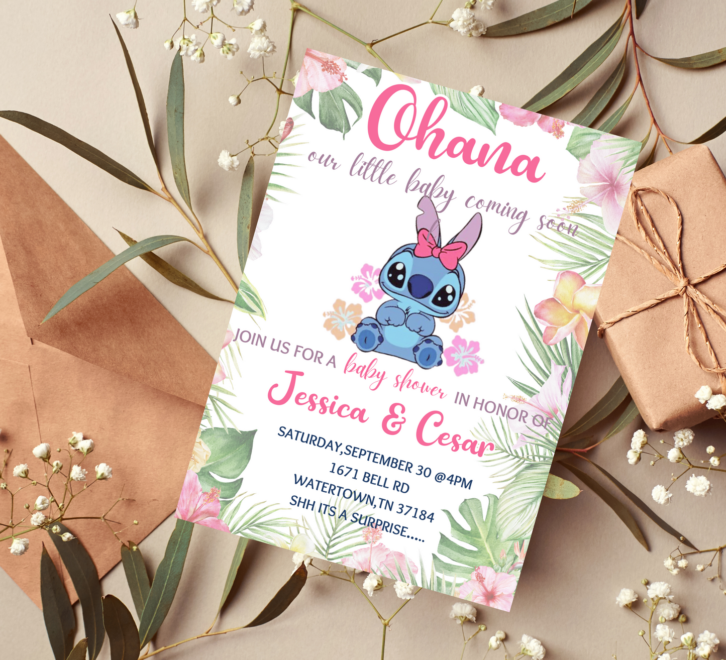 Baby Stitch Baby Shower Invitation | Ohana Tropical Hawaii Theme