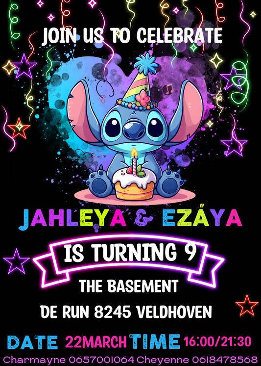 Stitch Neon Birthday Invitation | Lilo & Stitch Party Invite | Vibrant and Fun Celebration Theme