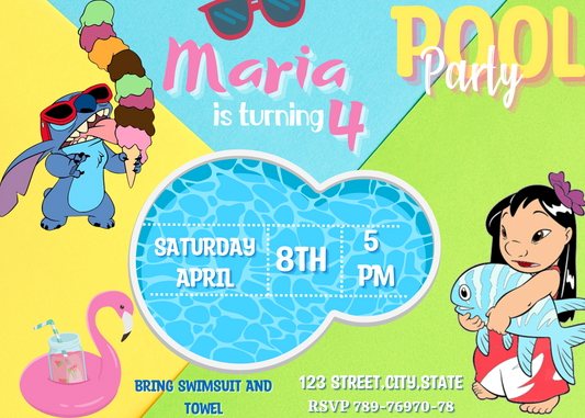 Stitch and Lilo Pool Birthday Invitation |  Customizable Printable Canva Template