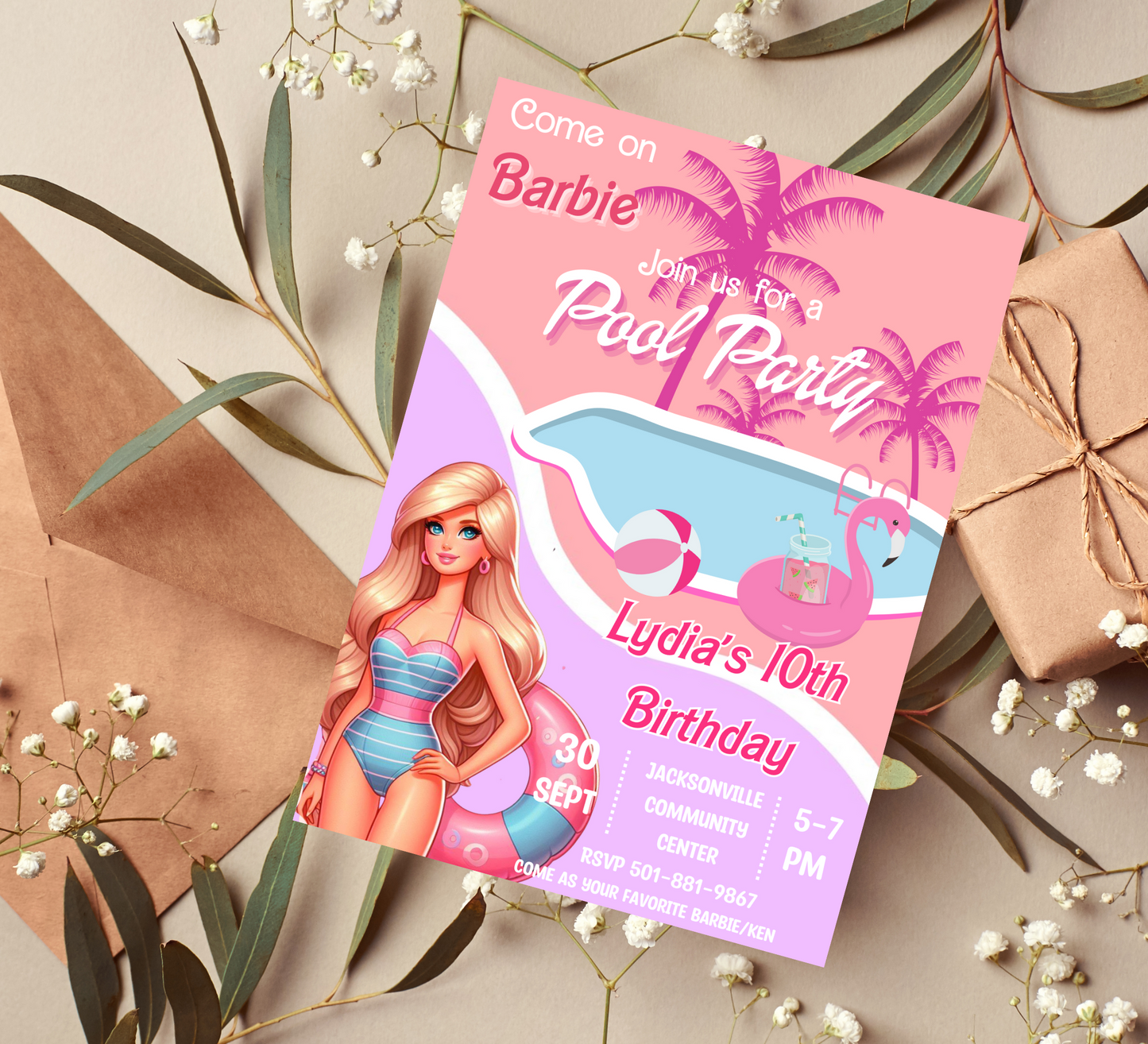 Barbie Pool PartyBirthday  Invitation: Come On Barbie, Let's Party by the Pool