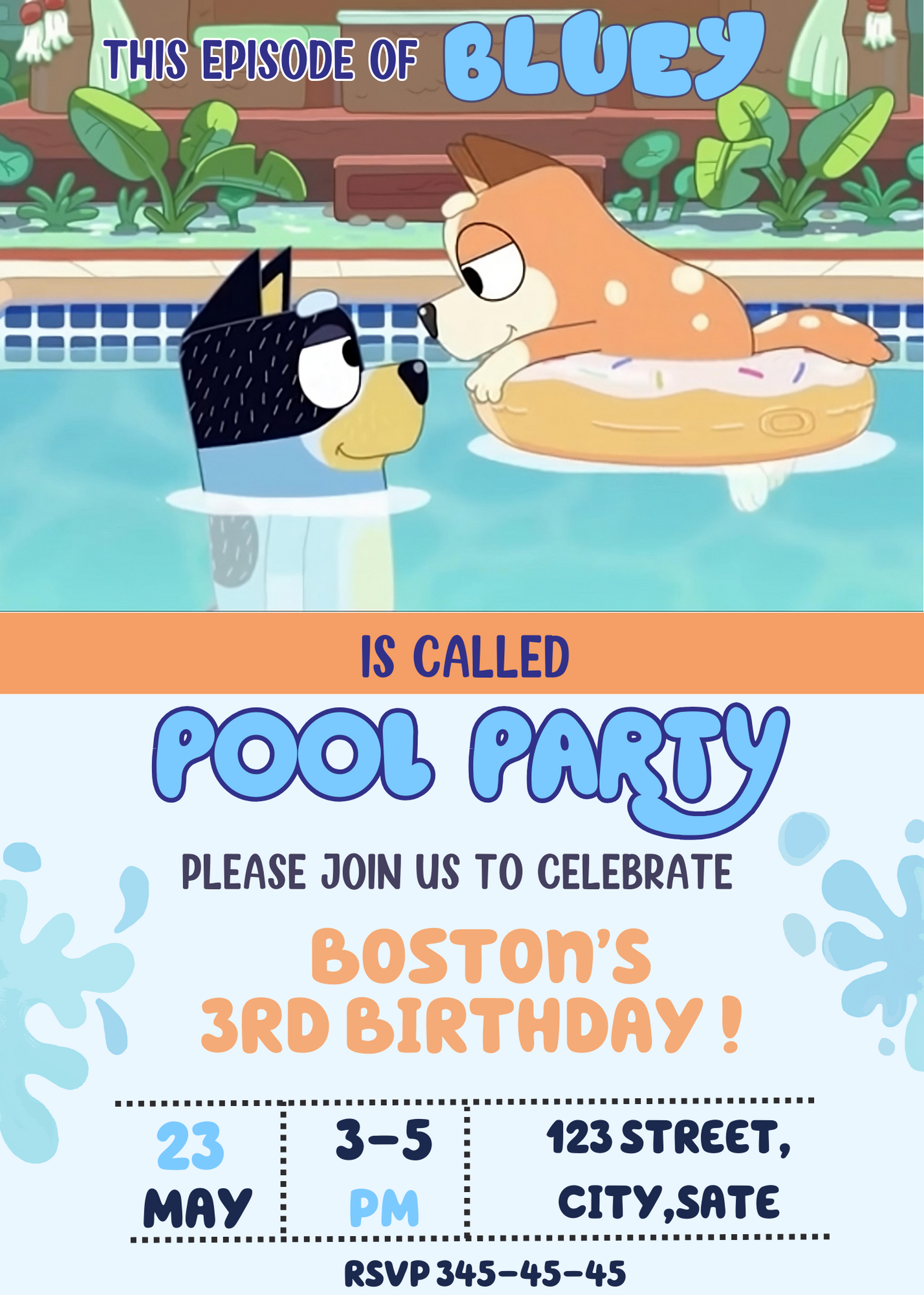 Customizable Bluey Birthday Invitation, Bluey & Bingo Birthday Invite, Bluey pool party, Kids Birthday Invite, pool party, Digital Template