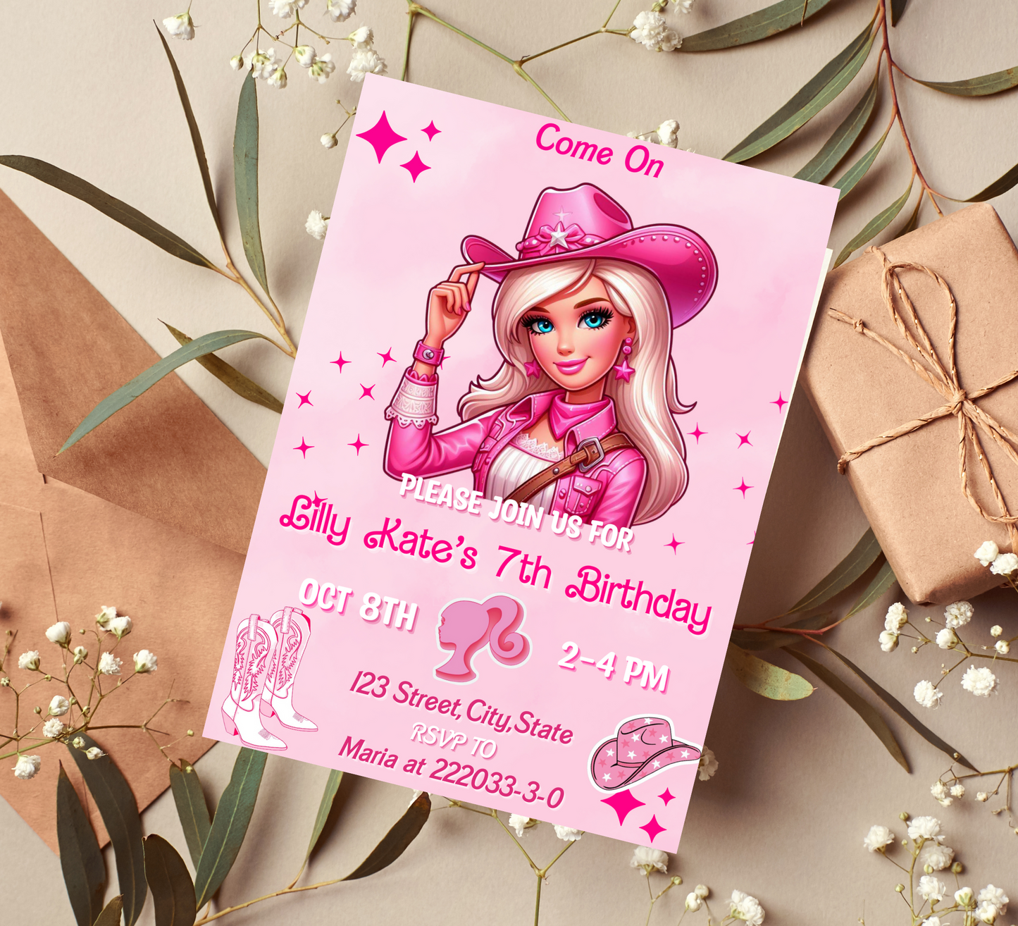 Barbie Cowgirl Pink Birthday Invitation: Western Theme Party Invite for Girls - Editable Template