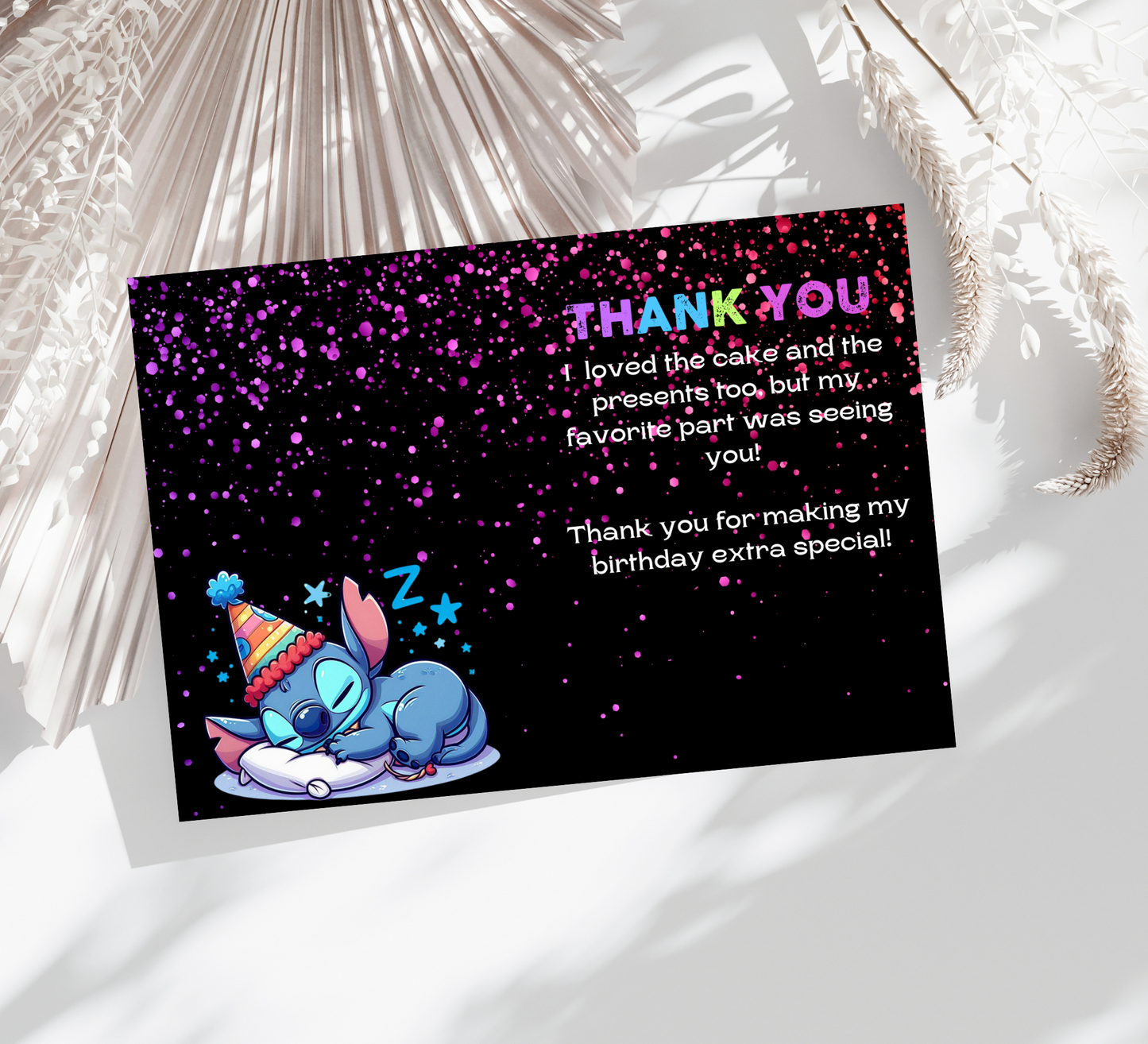 Stitch Sleepover Neon Birthday Thank You Card | Lilo and Stitch Party Appreciation Note | Vibrant and Fun Sleepover Theme