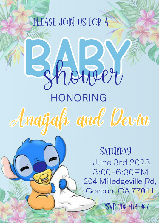 Stitch Baby Shower Invitation - Editable Canva Template