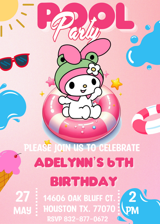 Editable Kawaii Character Pool Birthday Invitation Card | Hello Kitty, My Melody, Sanrio Invite