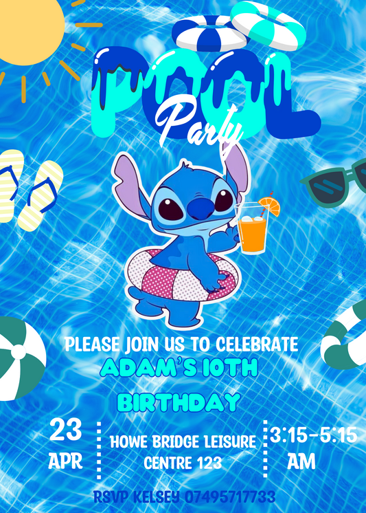 Stitch Blue Boy Pool Birthday Invitation: Ohana Tropical Celebration