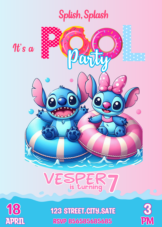 Stitch and Angel Tropical Pool Birthday Invitation | Ohana Splash Party | Editable Template